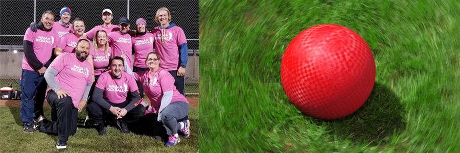 A kickball team photo, and a close up of a red kickball in the grass.