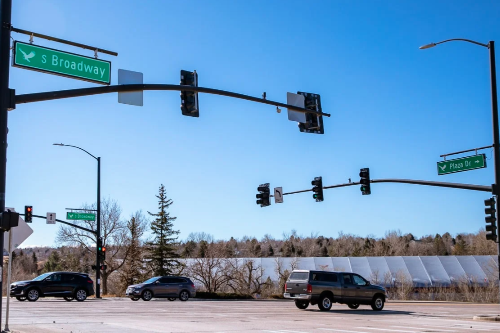 The intersection at South Broadway and Plaza Drive