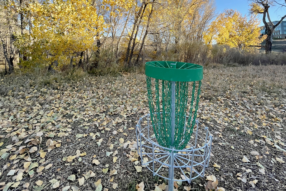 Disc golf basket at West Fork Disc Golf Course