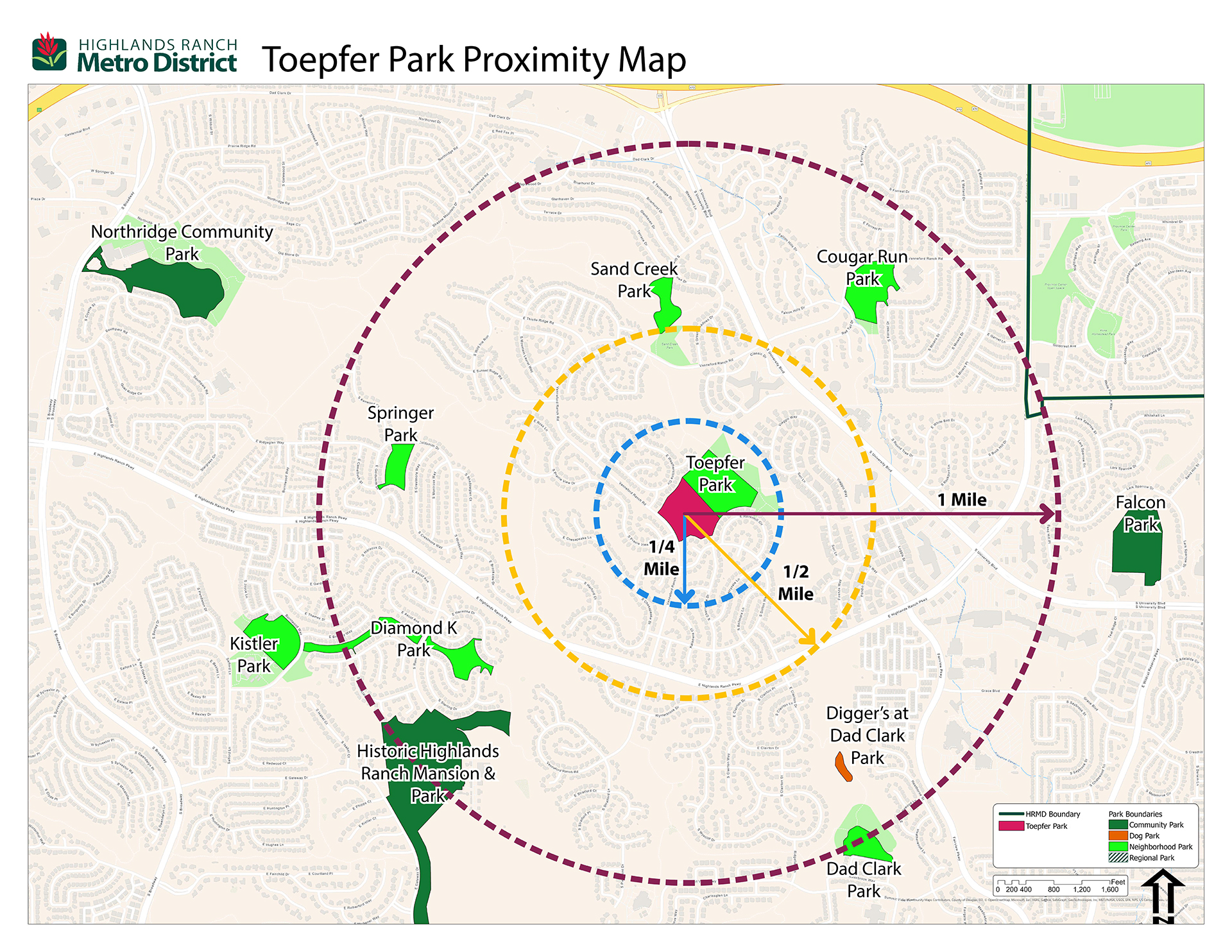 Proximity map showing parks and neighborhoods within 1/4 mile, 1/2 mile and 1 mile of Toepfer Park.