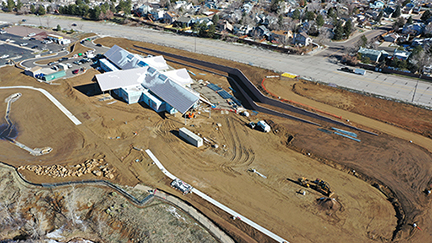 Aerial photo of the senior center building in March 2024