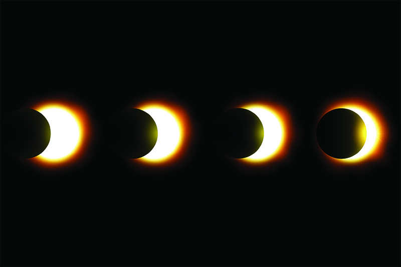 A series of four images tracking the progress of a partial solar eclipse.