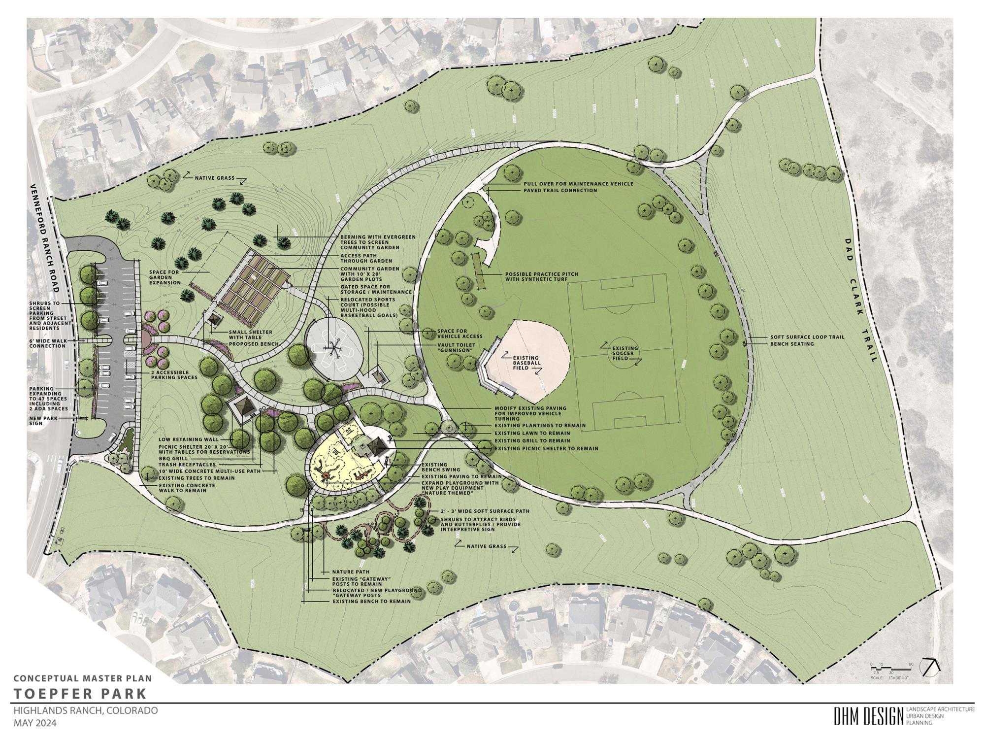 Conceptual plan for Toepfer Park with a variety of amenities including a parking lot, trails, picnic shelter, community garden, basketball court, playground, sports fields and practice cricket pitch.