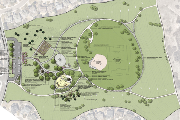 Conceptual plan for Toepfer Park with a variety of amenities including a parking lot, trails, picnic shelter, community garden, basketball court, playground, sports fields and practice cricket pitch.