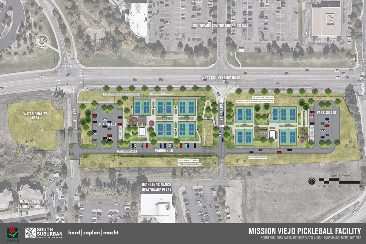 Pickleball Complex proposed site plan south of West County Line Road between Elati Street and South Broadway that includes 19 courts, parking lots, shade structures, picnic tables and restrooms.