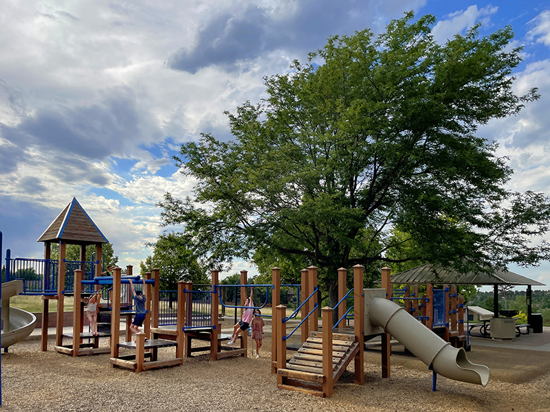 Children play on wooden playground equipment that includes slides, monkey bars and a large shade tree.